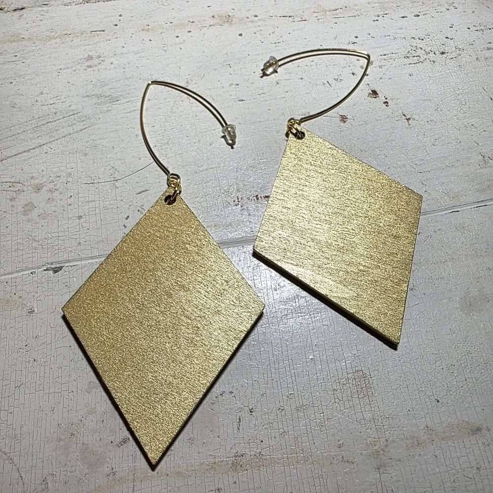 Handmade Abstract Wood Statement Earrings OOAK Deep Blue Gold Metallic Dangles